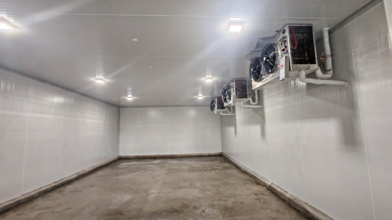 NE Meats cold storage room with wall-mounted evaporator units